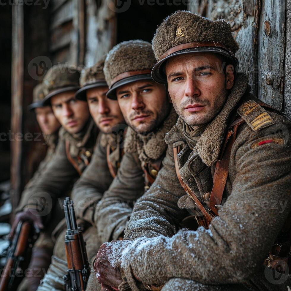 In a vintage atmosphere a group of First World War soldiers poses with their weapons showcasing camaraderie and the somber realities of wartime life. photo