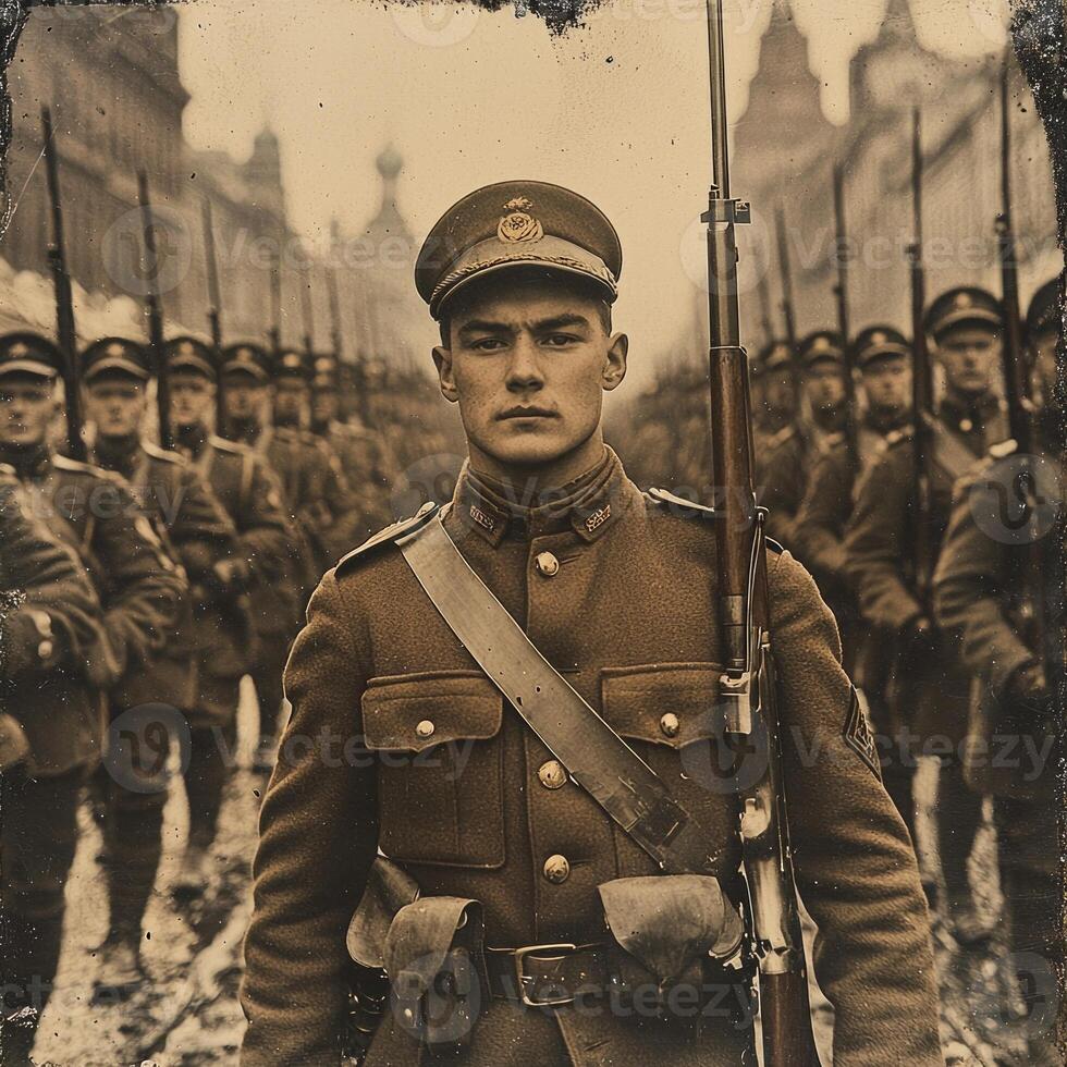 group of First World War soldiers stands at attention showcasing their uniforms and rifles. They exude a sense of pride and bravery in this retro styled capture. photo
