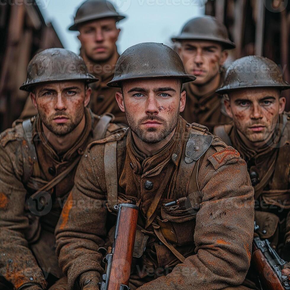 group of World War I soldiers clad in period uniforms poses confidently with their rifles showcasing the somber yet courageous spirit of the era. photo