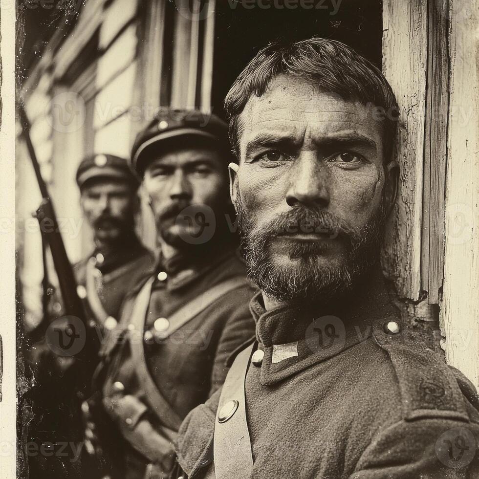 Three soldiers from the First World War stand in a doorway displaying their weapons with serious expressions highlighting the gravity of their duty during this historic conflict. photo