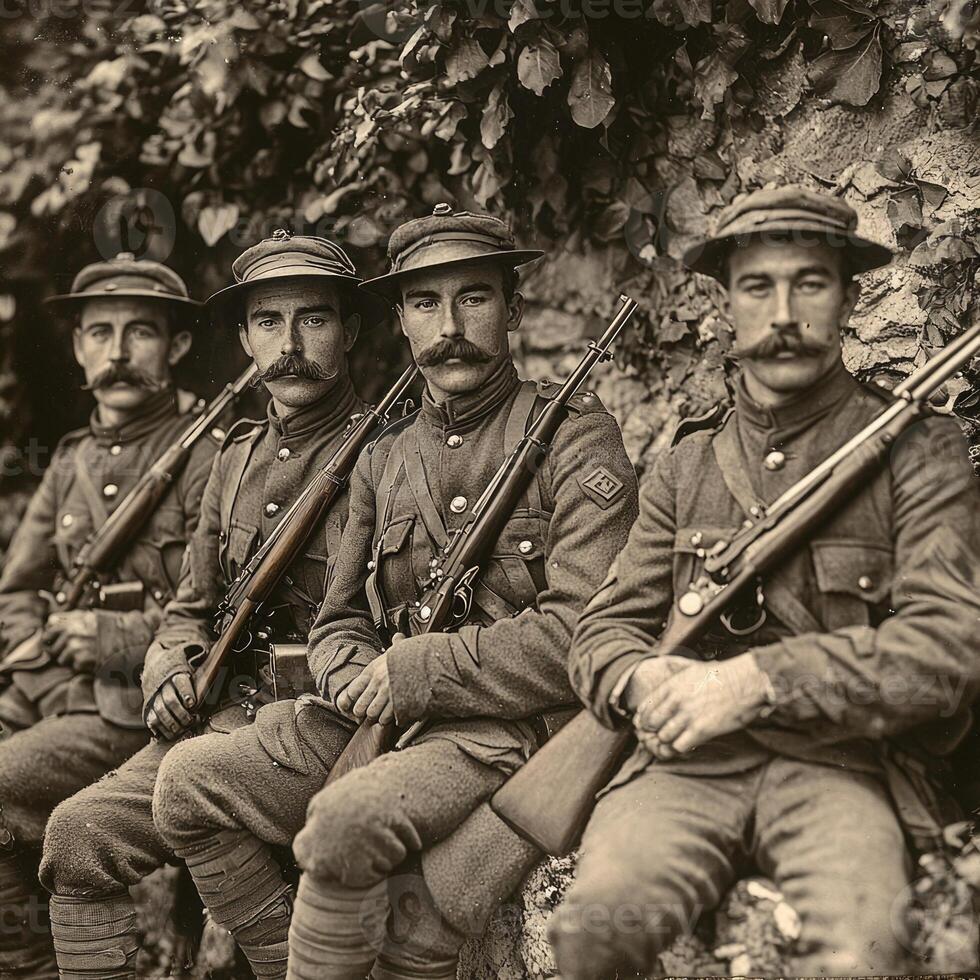 group of four soldiers from World War I poses with their rifles showcasing their uniforms and keen expressions against a textured backdrop reflecting the eras spirit. photo