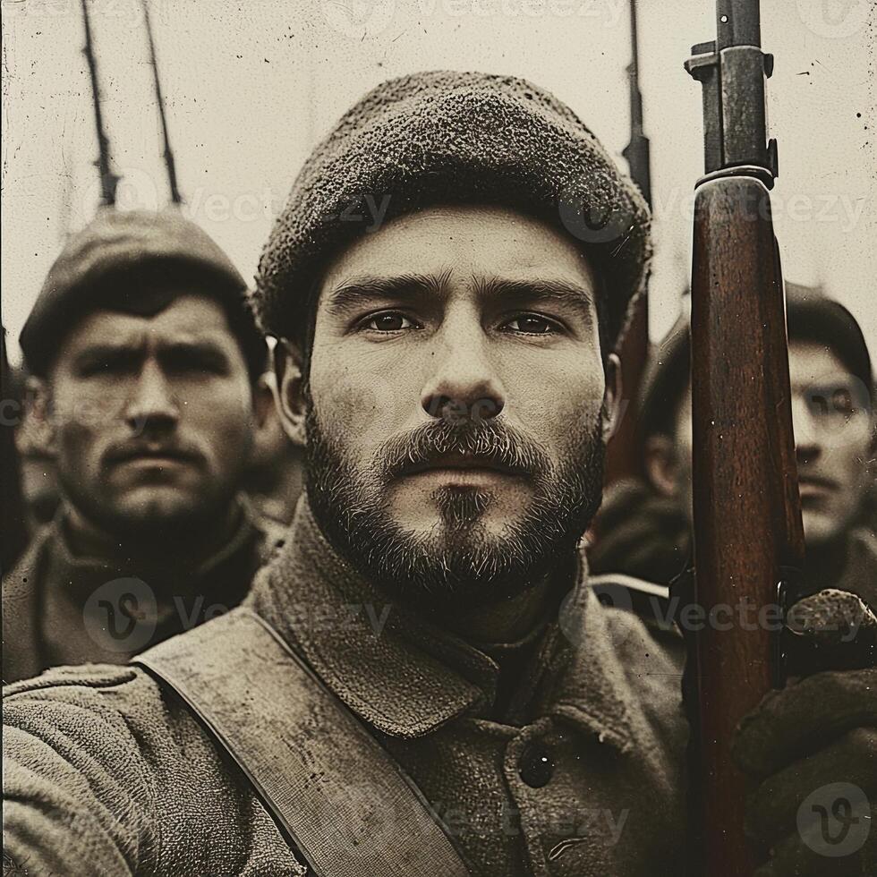 group of World War I soldiers stands together proudly holding rifles while posing for a newspaper. Their serious expressions reflect the gravity of the era. photo