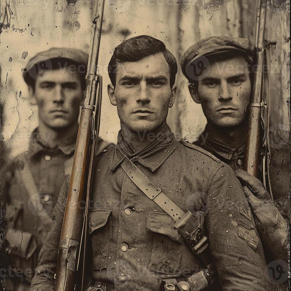 Three soldiers from World War I stand confidently holding their rifles capturing the serious atmosphere of the era in a vintage style photo intended for publication.
