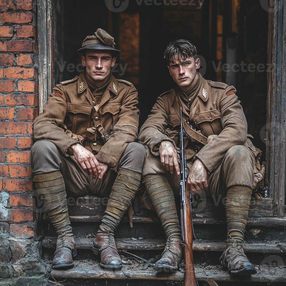 Two World War I soldiers dressed in period uniforms sit on steps with their rifles showcasing the camaraderie and resilience of troops during wartime. photo
