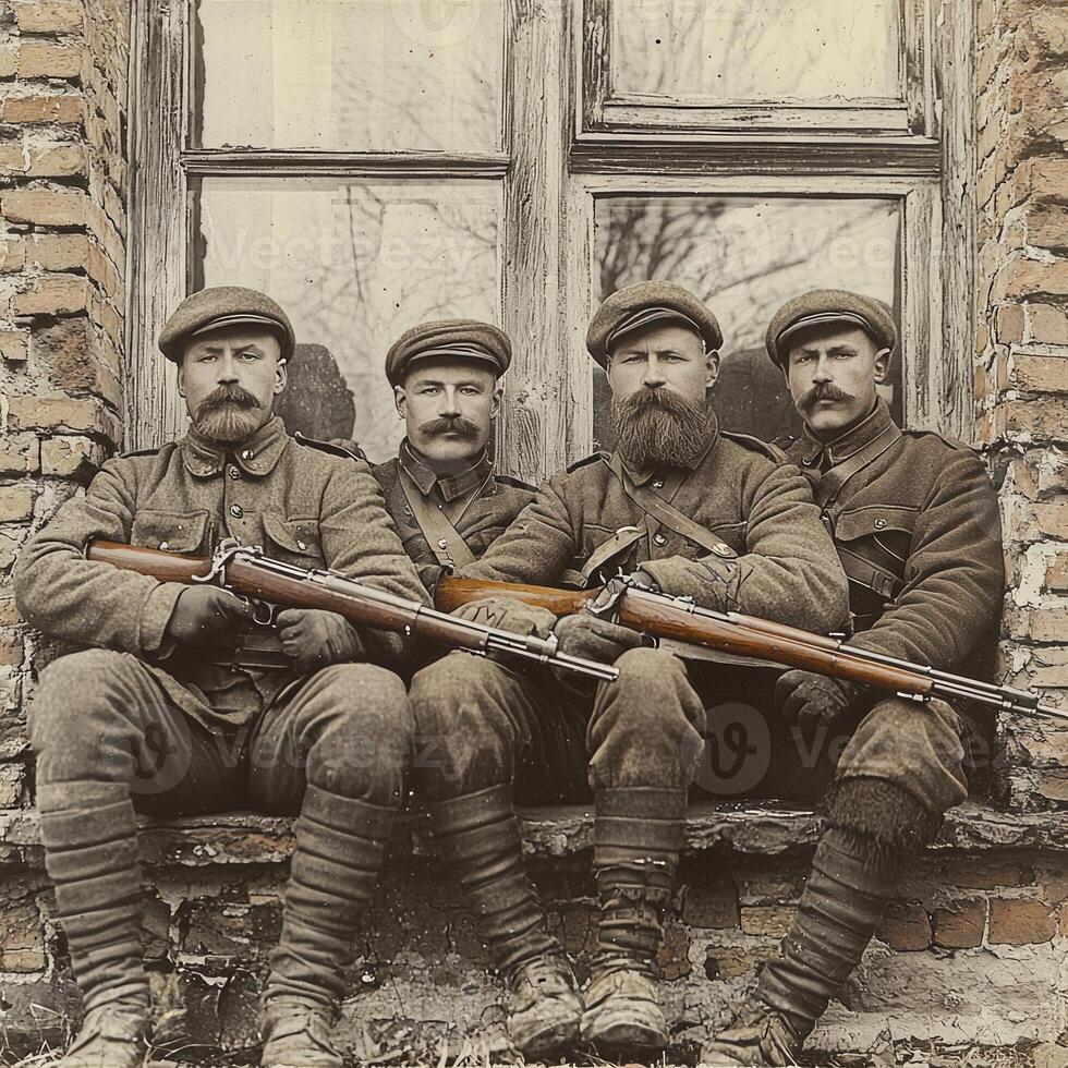 Four soldiers from World War I sit confidently by a window brandishing their rifles. Their expressions reflect a mix of determination and camaraderie during wartime. photo