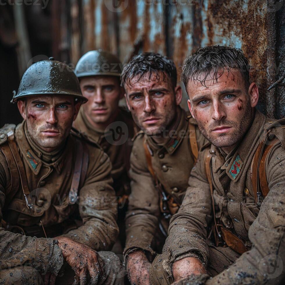 Four soldiers marked by war sit closely together in the trenches wearing uniforms and helmets holding their weapons and facing the camera showcasing their resilience. photo