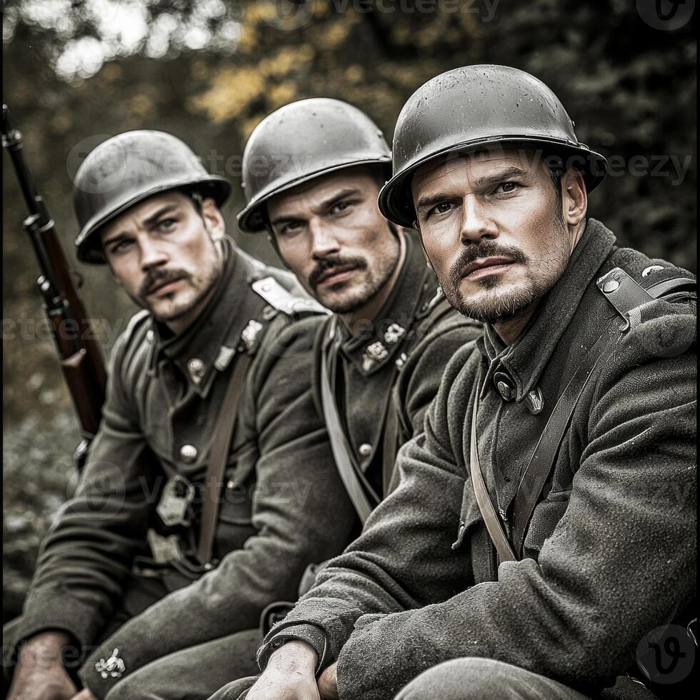Three soldiers from World War I sit together amidst a forest background proudly displaying their weapons. They are dressed in historical military uniforms typical of the era. photo