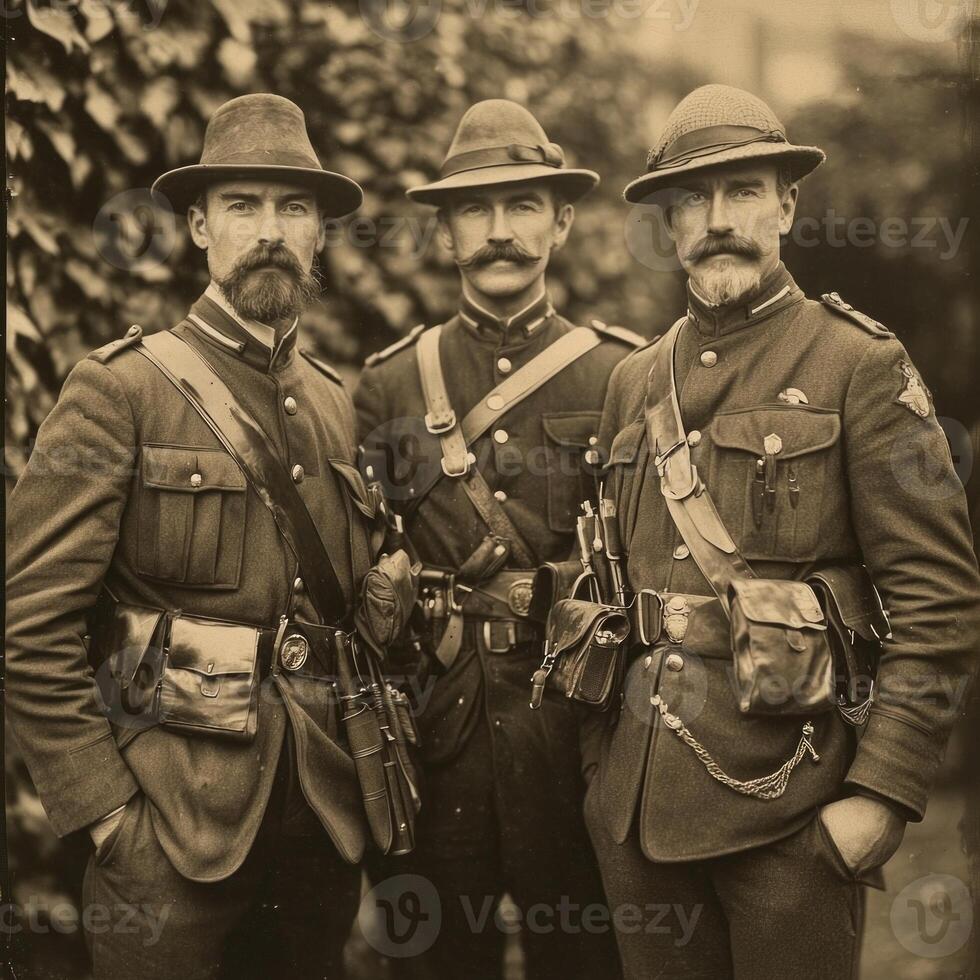 Three World War I soldiers stand together confidently displaying their weapons amidst a backdrop of lush greenery capturing a moment of camaraderie and valor. photo