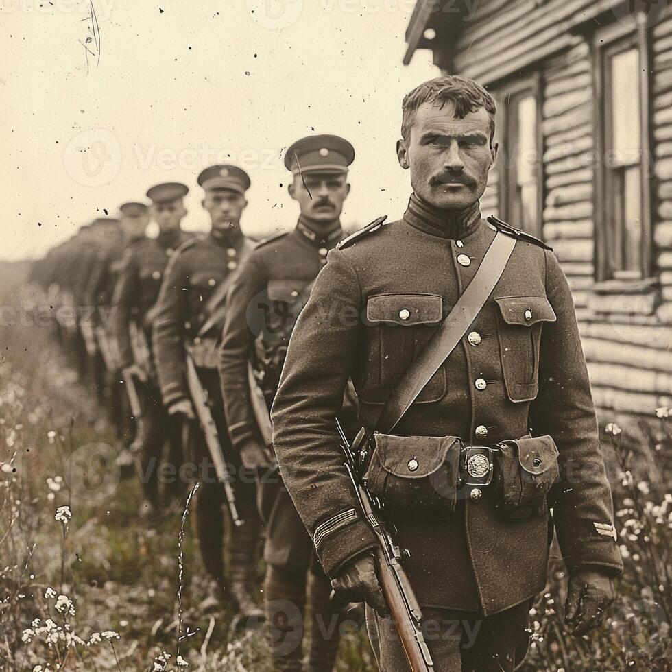 group of World War I soldiers stands in line dressed in military uniforms and holding rifles ready for a photograph photo
