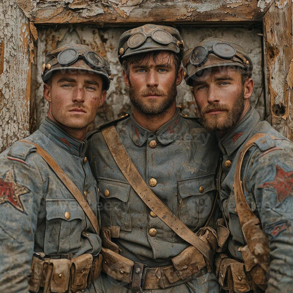 Three World War I soldiers stand together proudly displaying their weapons and uniforms embodying the spirit and resilience of their time during a historic moment. photo