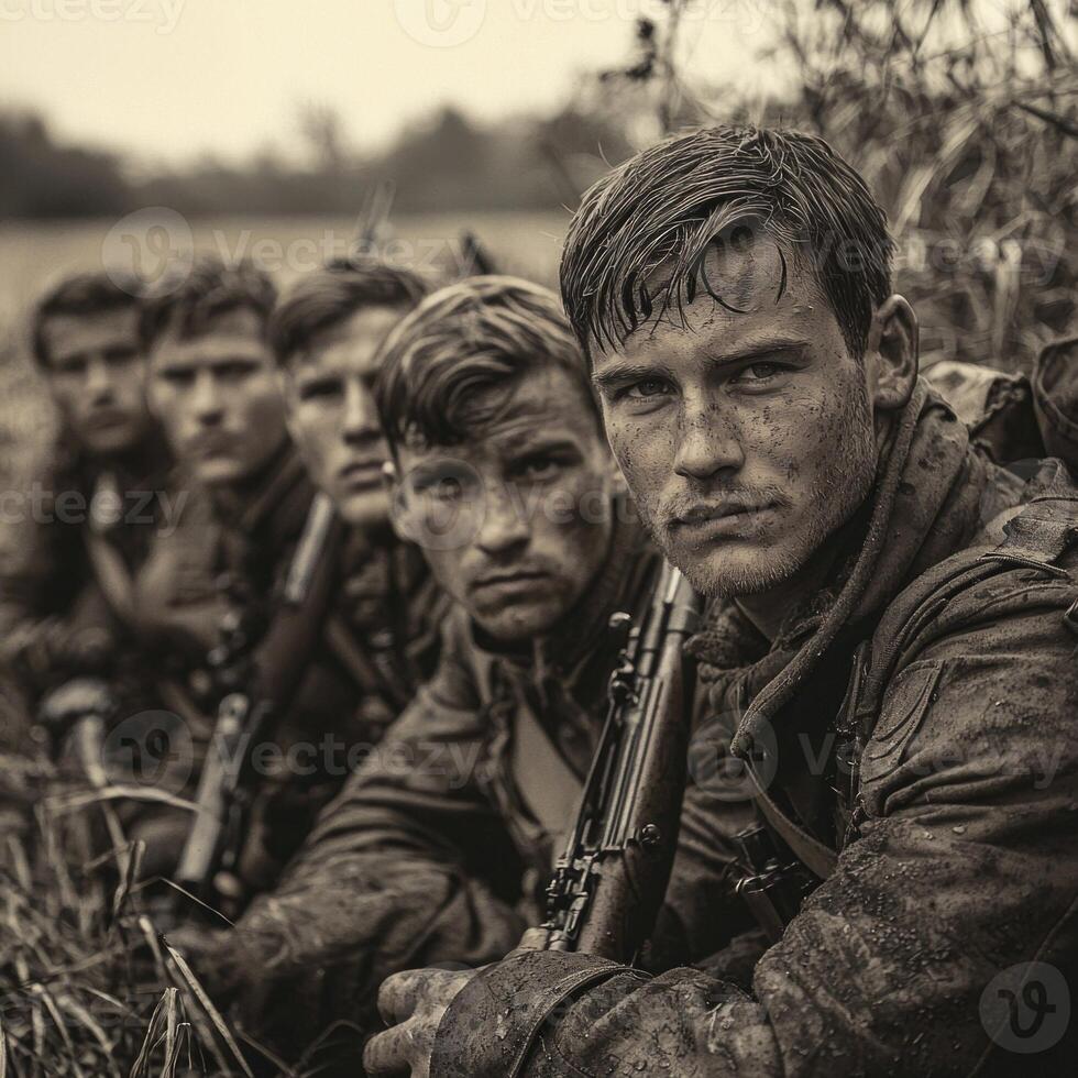 group of World War I soldiers dressed in uniforms and armed with rifles poses amidst a muddy field embodying the harsh realities of wartime life. photo