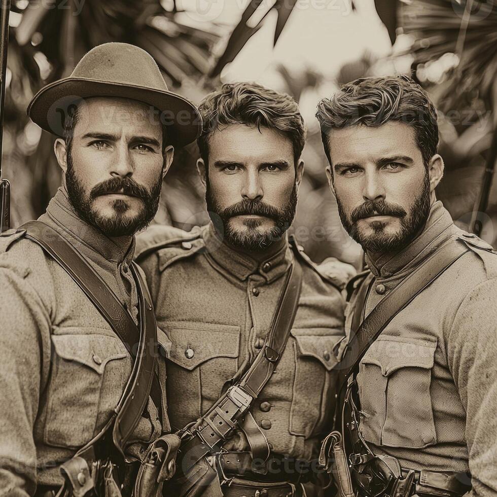 Three soldiers from the First World War stand together with their weapons showcasing their serious demeanor and military attire amidst a retro backdrop. photo