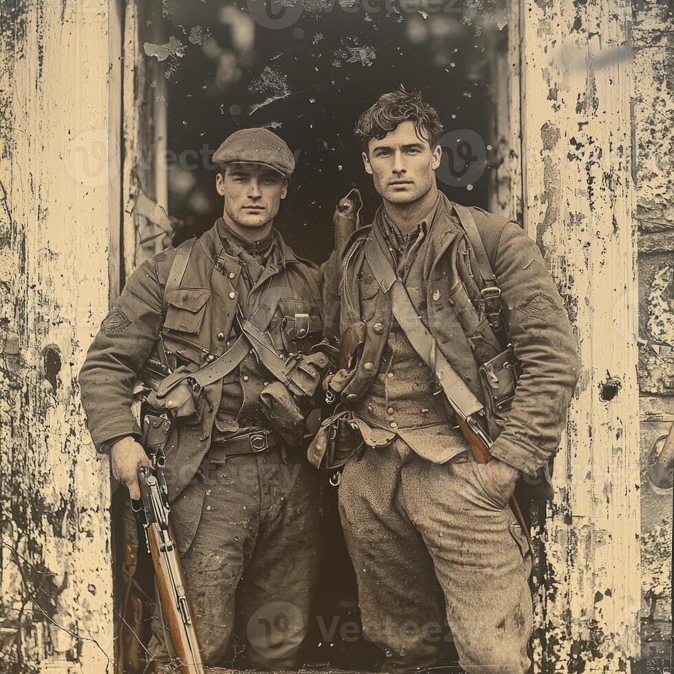Two soldiers from the First World War stand confidently with their rifles dressed in period uniforms captured in a vintage style for a newspaper feature. photo
