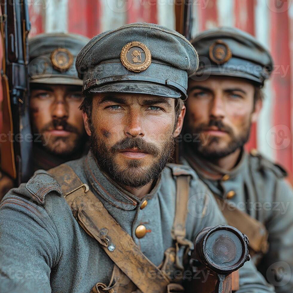 Three soldiers dressed in uniforms from World War I pose with their rifles showcasing their determination and camaraderie. The setting reflects a historical atmosphere. photo