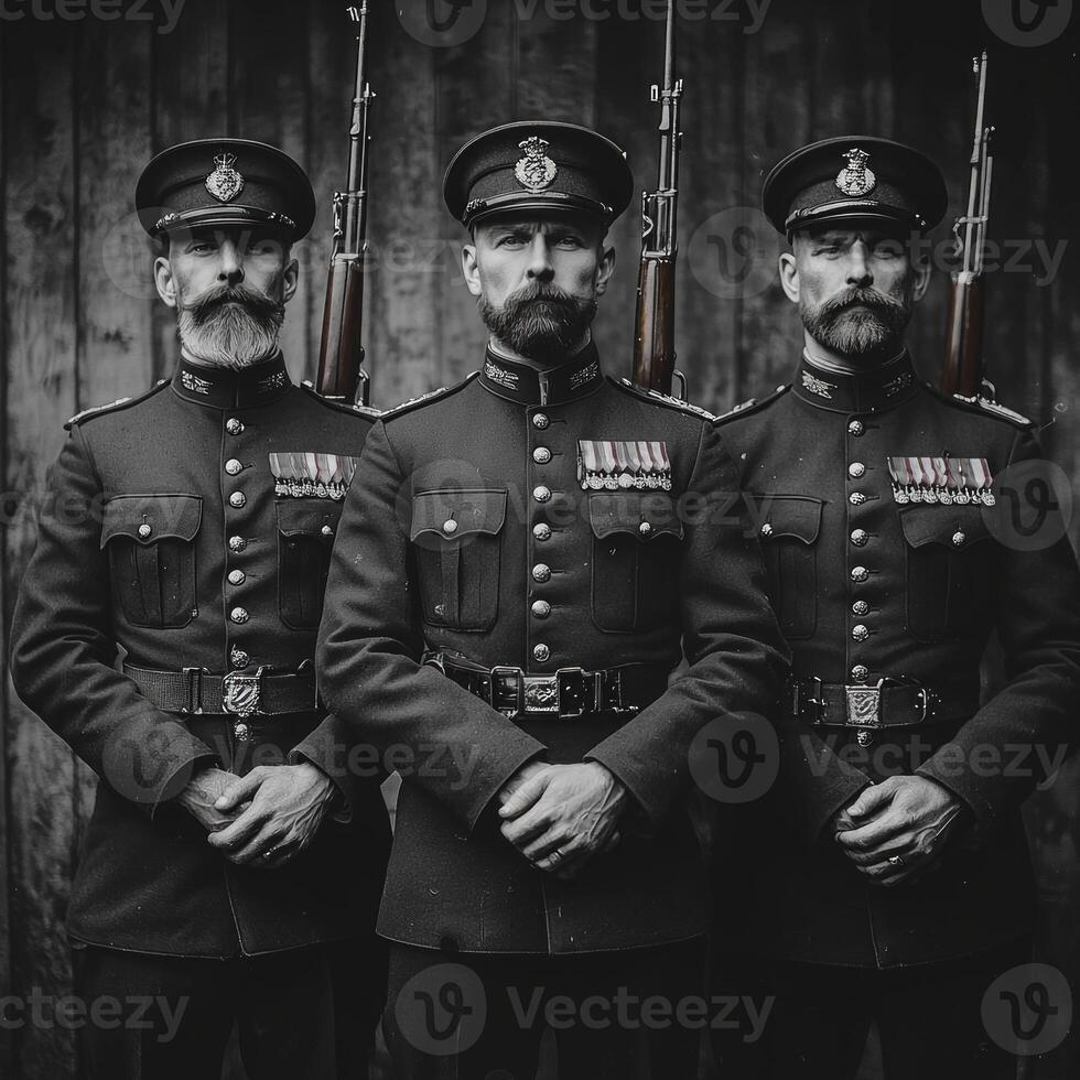 Three World War I soldiers stand proudly in uniform displaying their weapons and medals capturing the essence of courage during a significant period in history. photo