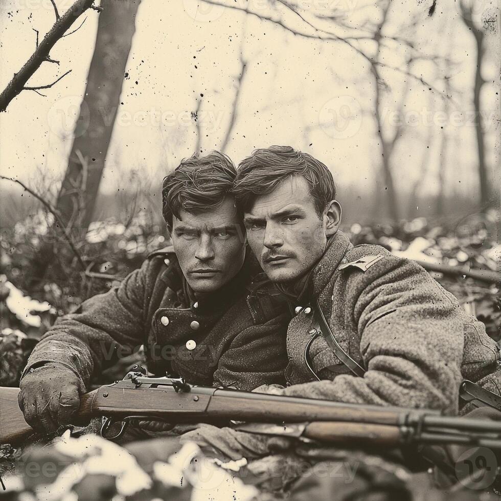 Two soldiers from World War I sit closely together in a forest gripping their rifles. The vintage atmosphere reflects the hardships and camaraderie of wartime. photo
