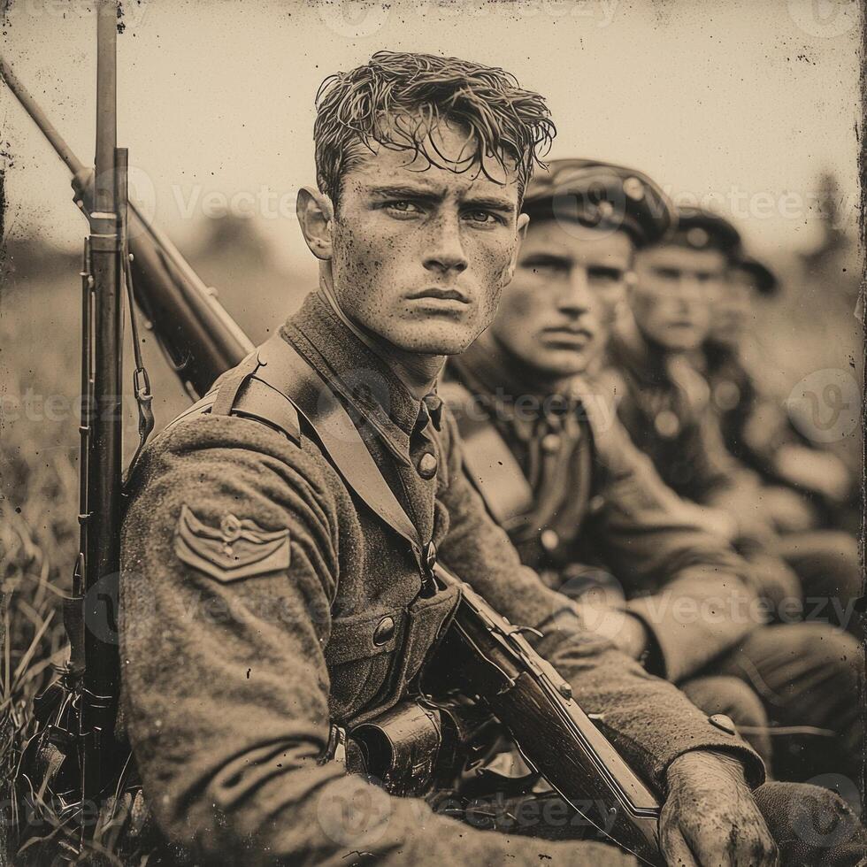 group of First World War soldiers sits for a newspaper feature showcasing their weapons and uniform in a vintage earnest portrayal of military life. photo