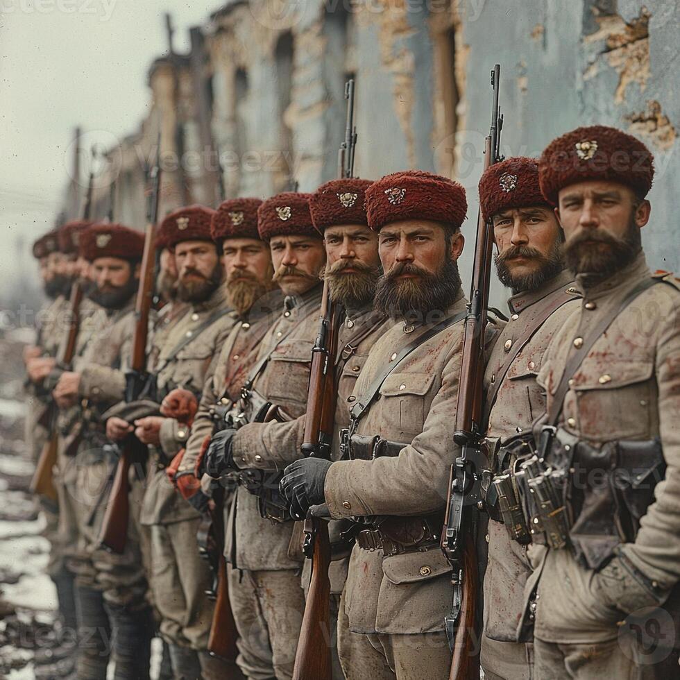 group of soldiers from the First World War stand in formation holding rifles and wearing distinct uniforms showcasing their camaraderie and readiness in a worn environment. photo
