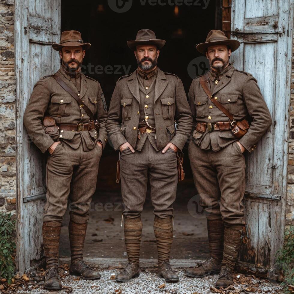 Three soldiers from the First World War strike a confident pose with weapons in a vintage setting showcasing their uniforms and camaraderie during the 1910s. photo