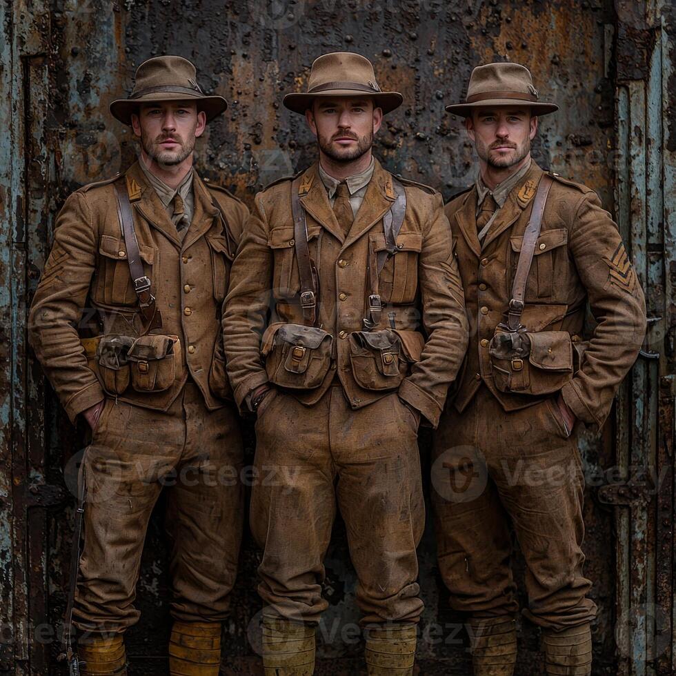 Three soldiers stand confidently dressed in uniforms from the First World War showcasing their weapons against a textured backdrop capturing a historical moment. photo
