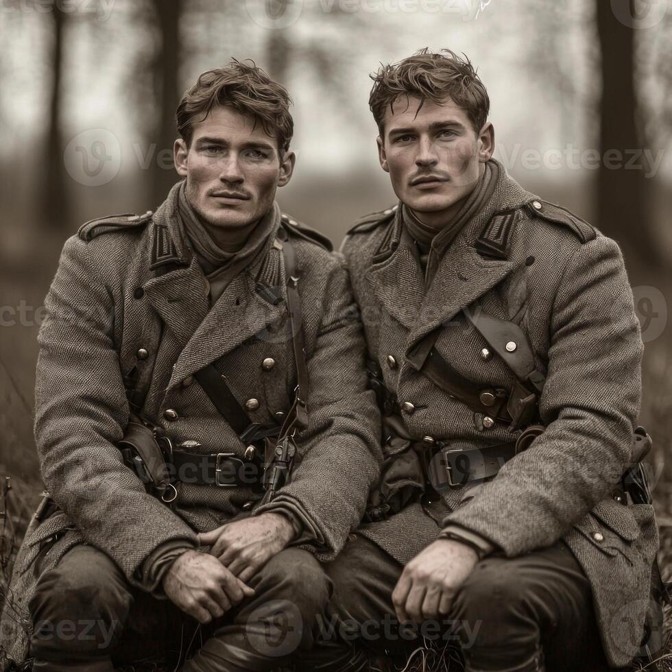 Two World War I soldiers sit closely together showcasing their weapons and uniforms embodying the spirit of the era amidst a nostalgic backdrop. photo