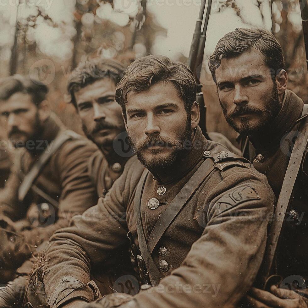 Four soldiers from the First World War are captured in a retro style posing confidently with their weapons amidst a natural backdrop evoking the valor of their time. photo