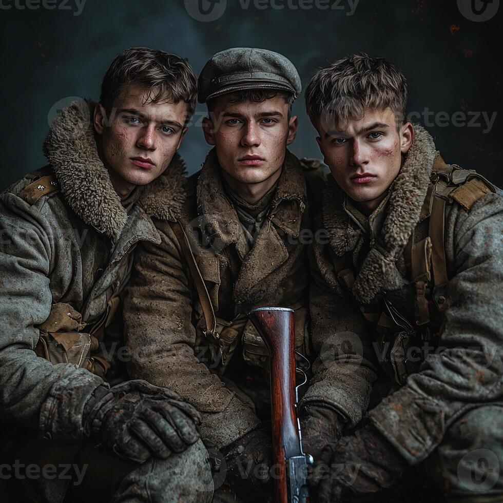 Three young soldiers from World War I are captured in a vintage portrait showcasing their weapons and uniforms embodying the spirit of the era amidst their shared experience. photo