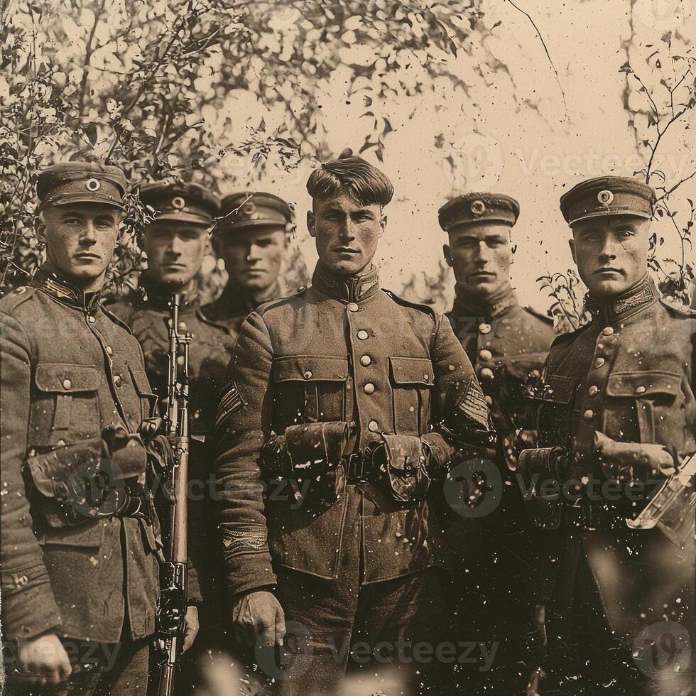 group of World War I soldiers stands together proudly displaying their weapons. Clad in military uniforms they exude a sense of unity and resolve amidst their surroundings. photo