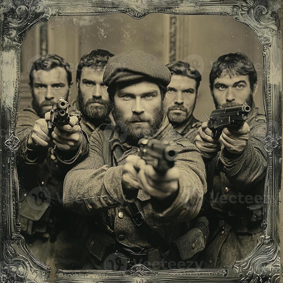group of World War I soldiers pose confidently brandishing their firearms. Each soldiers fierce expression reflects the intensity of the era highlighting their bravery and camaraderie. photo