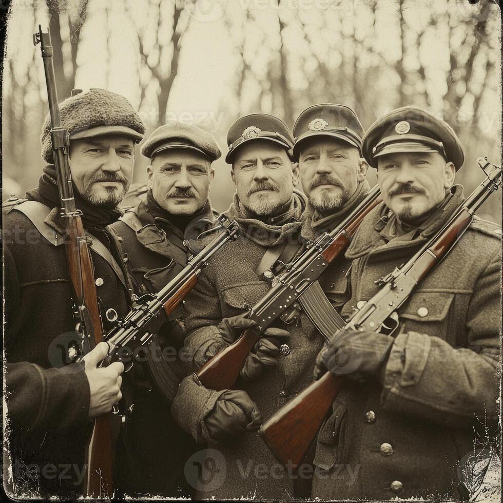 group of First World War soldiers stands together confidently displaying their rifles while wearing distinctive uniforms captured in a retro style. photo