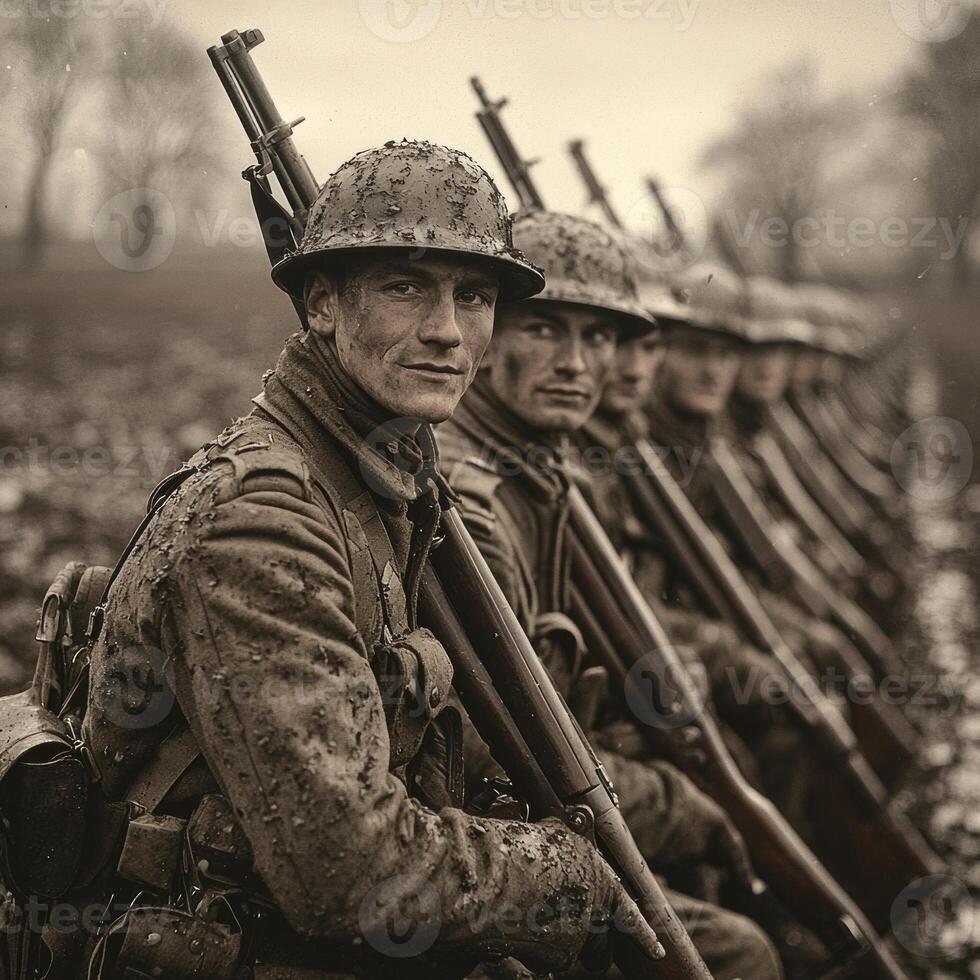 In a muddy field soldiers of the First World War stand in formation proudly holding their rifles. Their expressions reflect the grit and solidarity of their experiences during the conflict. photo