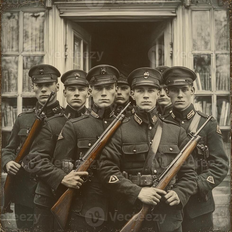 group of soldiers stands confidently each holding a rifle posed outside a building. The retro style highlights their uniforms reflecting the era of the First World War. photo