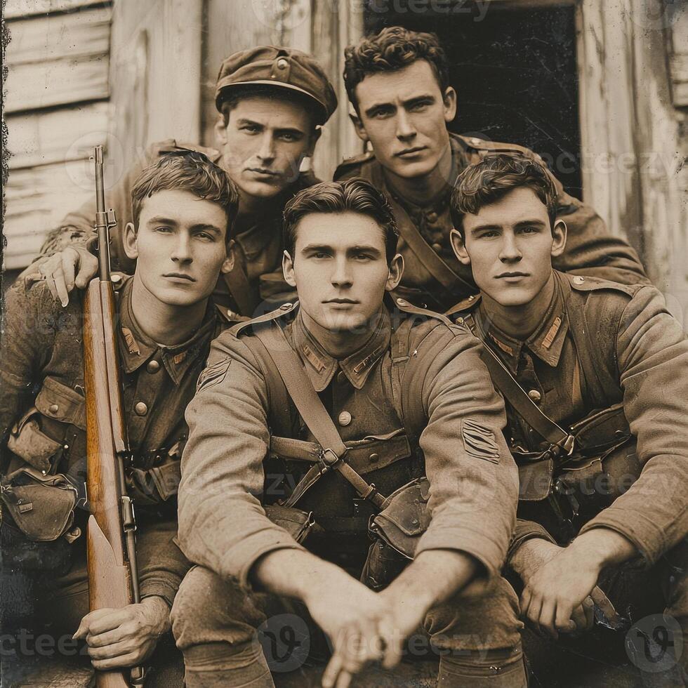 Five soldiers from World War I strike poses with their weapons reflecting the spirit of the time. This retro styled capture highlights their unity and determination. photo