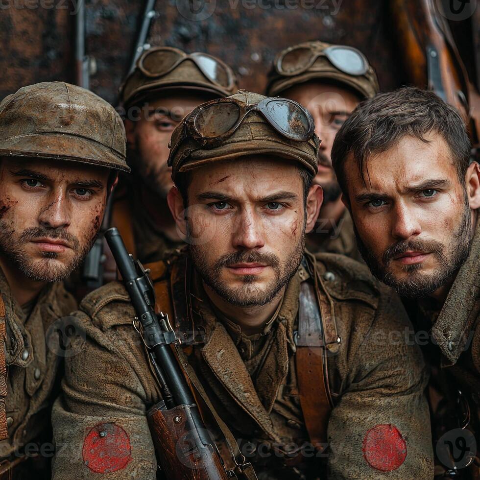 group of soldiers from World War I stands together holding their weapons while showcasing the rugged details of their uniforms. The image captures their serious expressions and camaraderie. photo