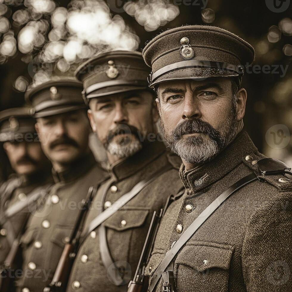 Dressed in period uniforms soldiers stand in formation with rifles conveying a sense of camaraderie and duty during World War I capturing a moment in history. photo