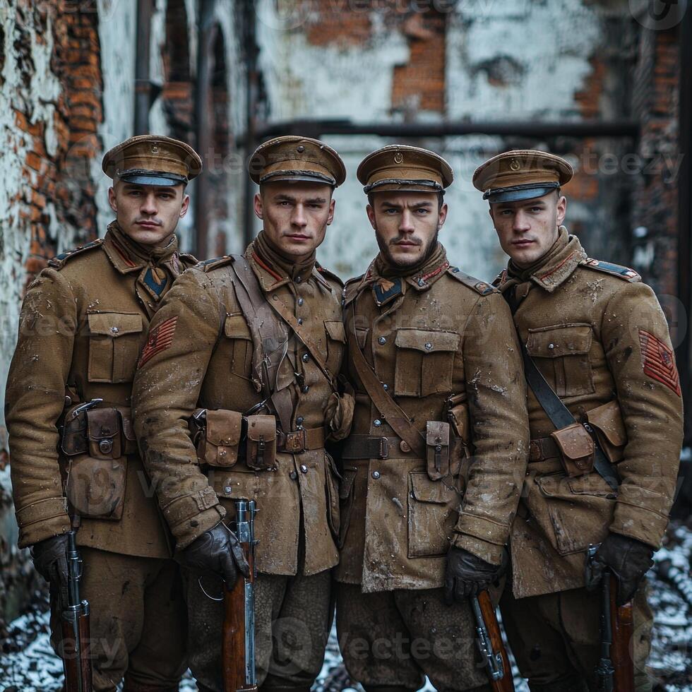 Four soldiers stand united with their weapons showcasing the camaraderie and resolve of troops in the First World War set against a striking backdrop of wartime ruins. photo