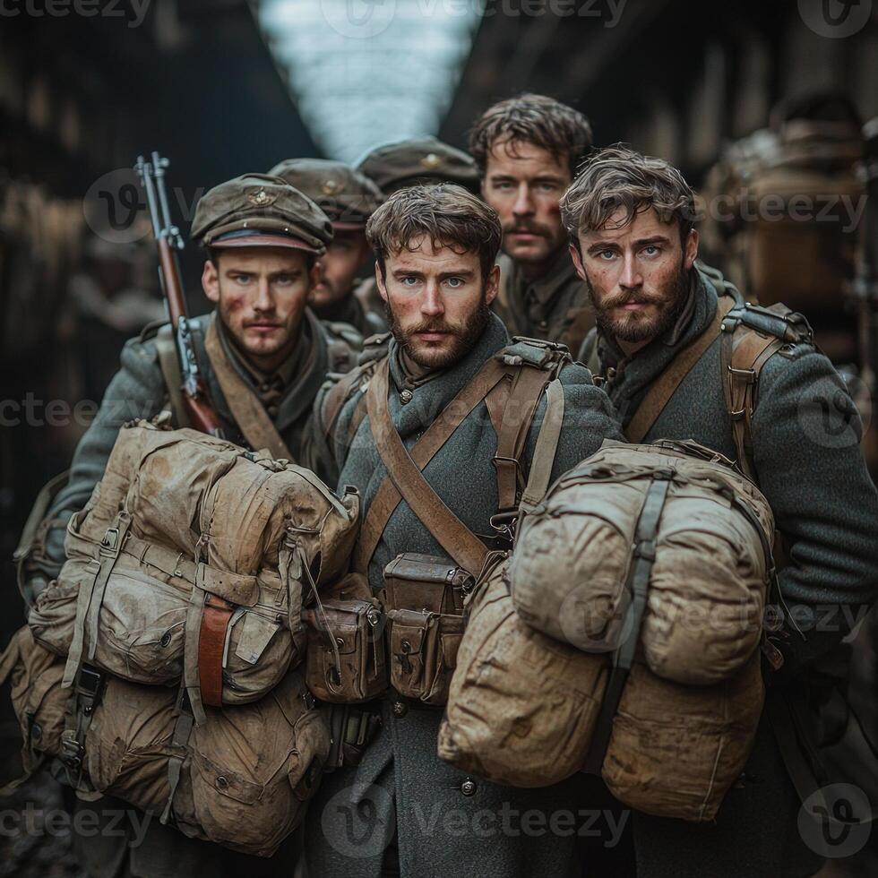 group of First World War soldiers stands confidently armed and ready showcasing their uniforms and equipment while highlighting the spirit of their era. photo