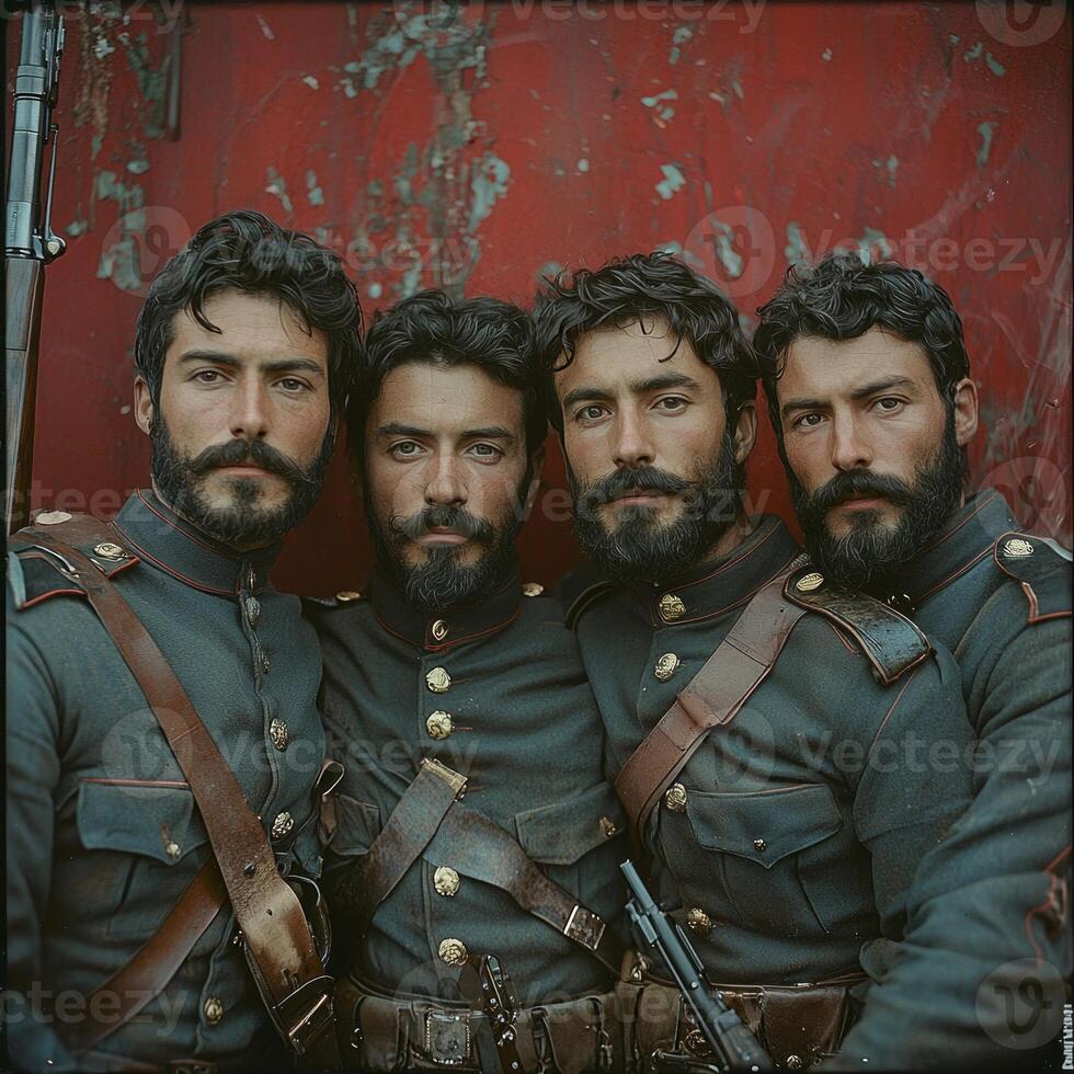 Four World War I soldiers stand shoulder to shoulder each holding a rifle and dressed in military uniforms showcasing their camaraderie and readiness for battle. photo