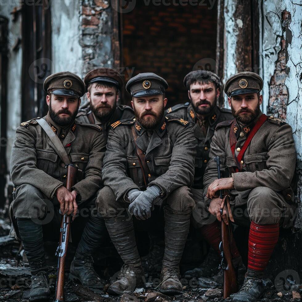 group of World War I soldiers sits with their rifles exuding determination and unity against a backdrop of war torn surroundings capturing a moment of solidarity. photo