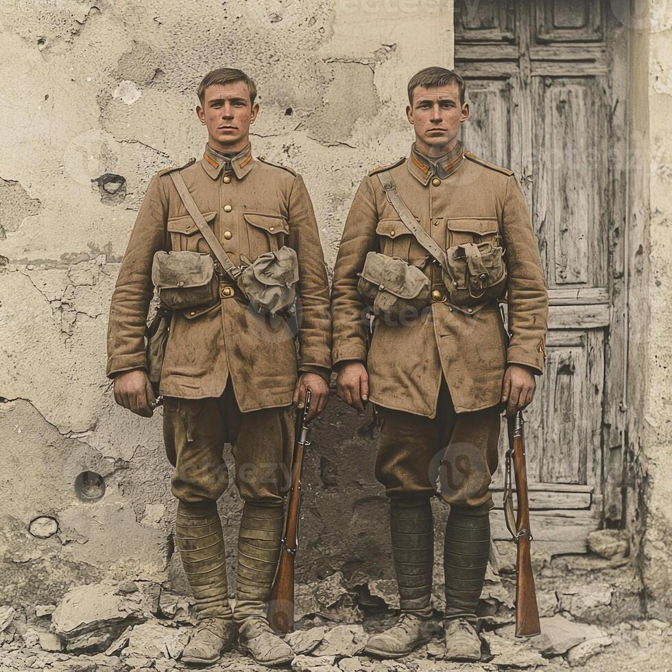 Two soldiers from World War I stand proudly in front of a weathered wall armed and dressed in period uniforms symbolizing their dedication and bravery. photo