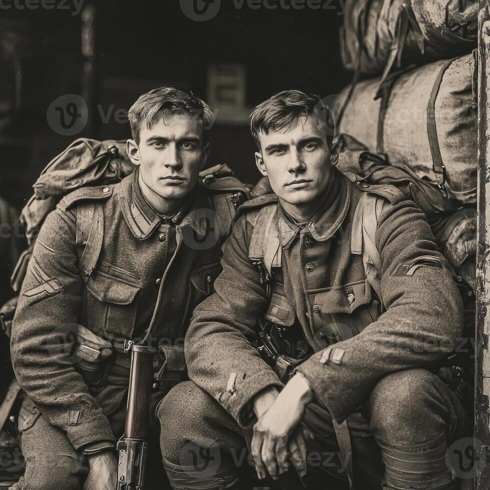 Two soldiers from World War I sit closely together holding their weapons as they pose for a newspaper in a retro style showcasing their determination and bravery. photo