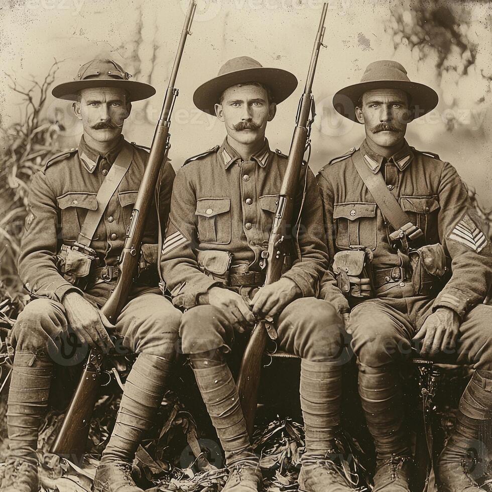 Three soldiers from the First World War sit side by side with rifles showcasing their uniforms and strong camaraderie in a carefully staged retro style for a newspaper feature. photo