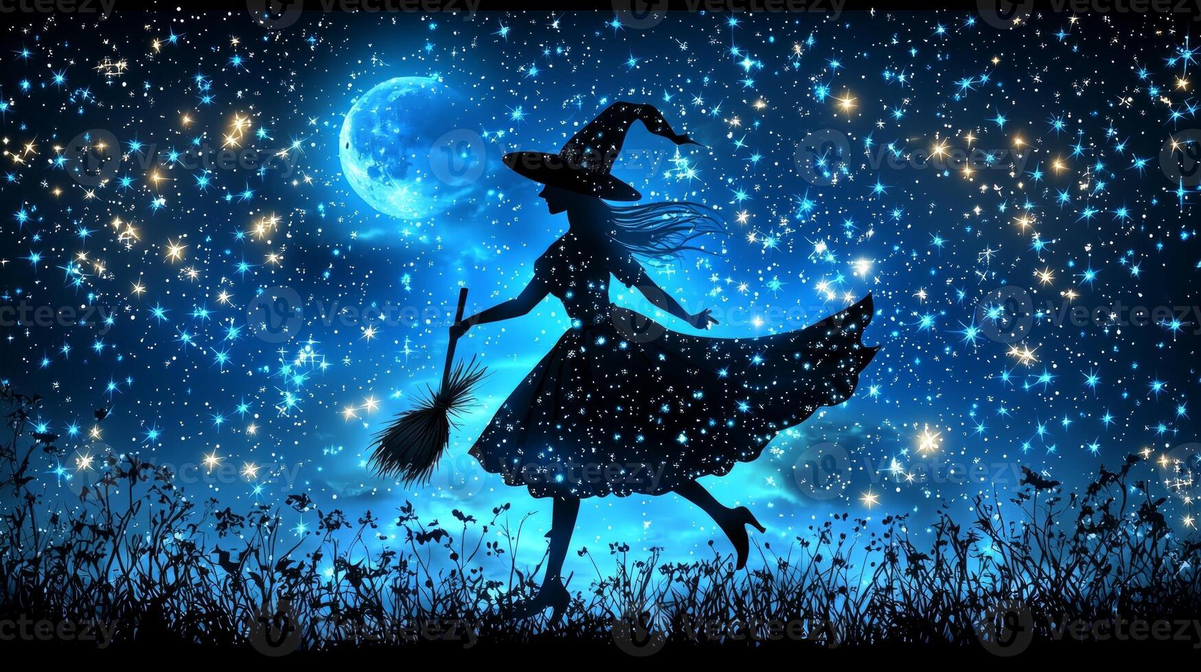 witch soars through the dark night sky on her broomstick surrounded by twinkling stars and a glowing moon capturing the magic of Halloween. photo