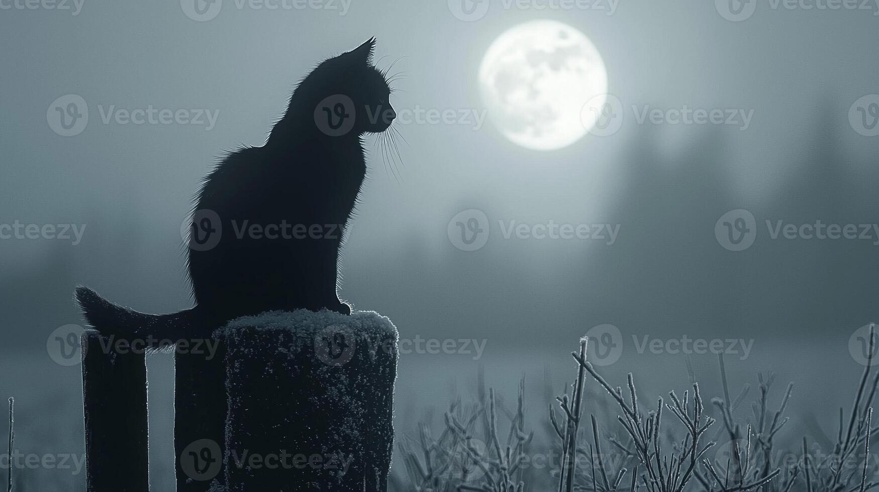 black cat sits gracefully on a wooden fence illuminated by soft moonlight creating a mysterious atmosphere perfect for Halloween. photo