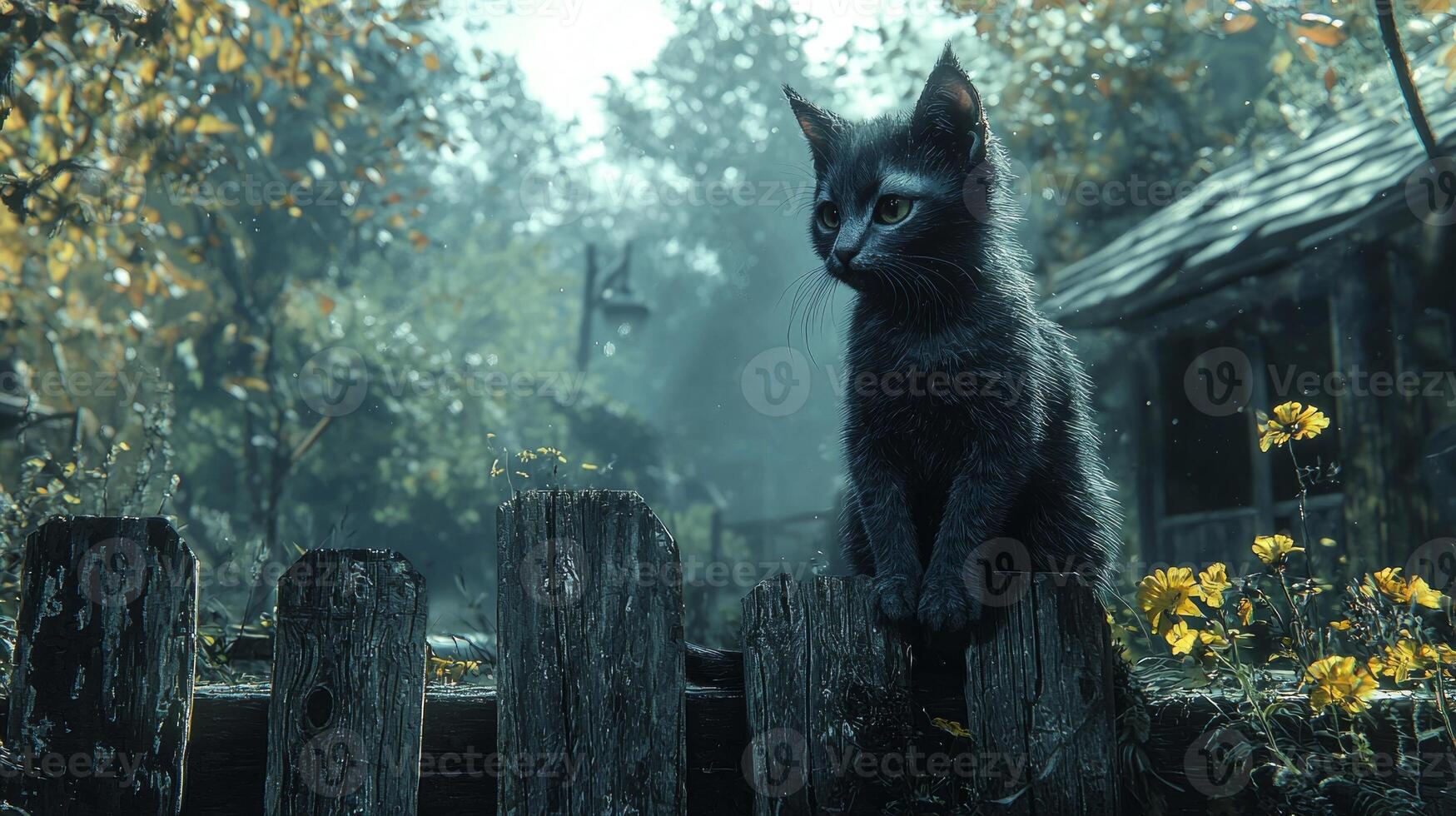 sleek black cat sits elegantly on an old wooden fence bathed in soft moonlight surrounded by the serene ambiance of a crisp autumn night. photo