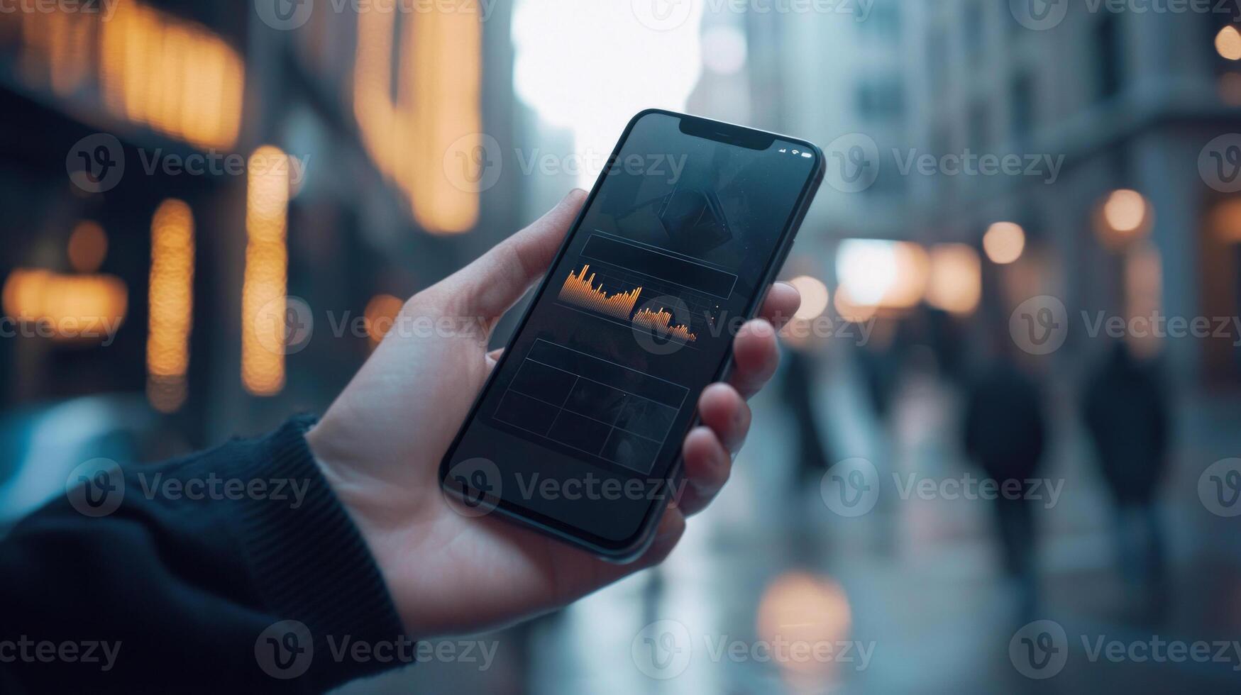 person is holding a smartphone displaying a cryptocurrency wallet app while surrounded by a lively urban setting at twilight. The screen shows detailed transaction data. photo