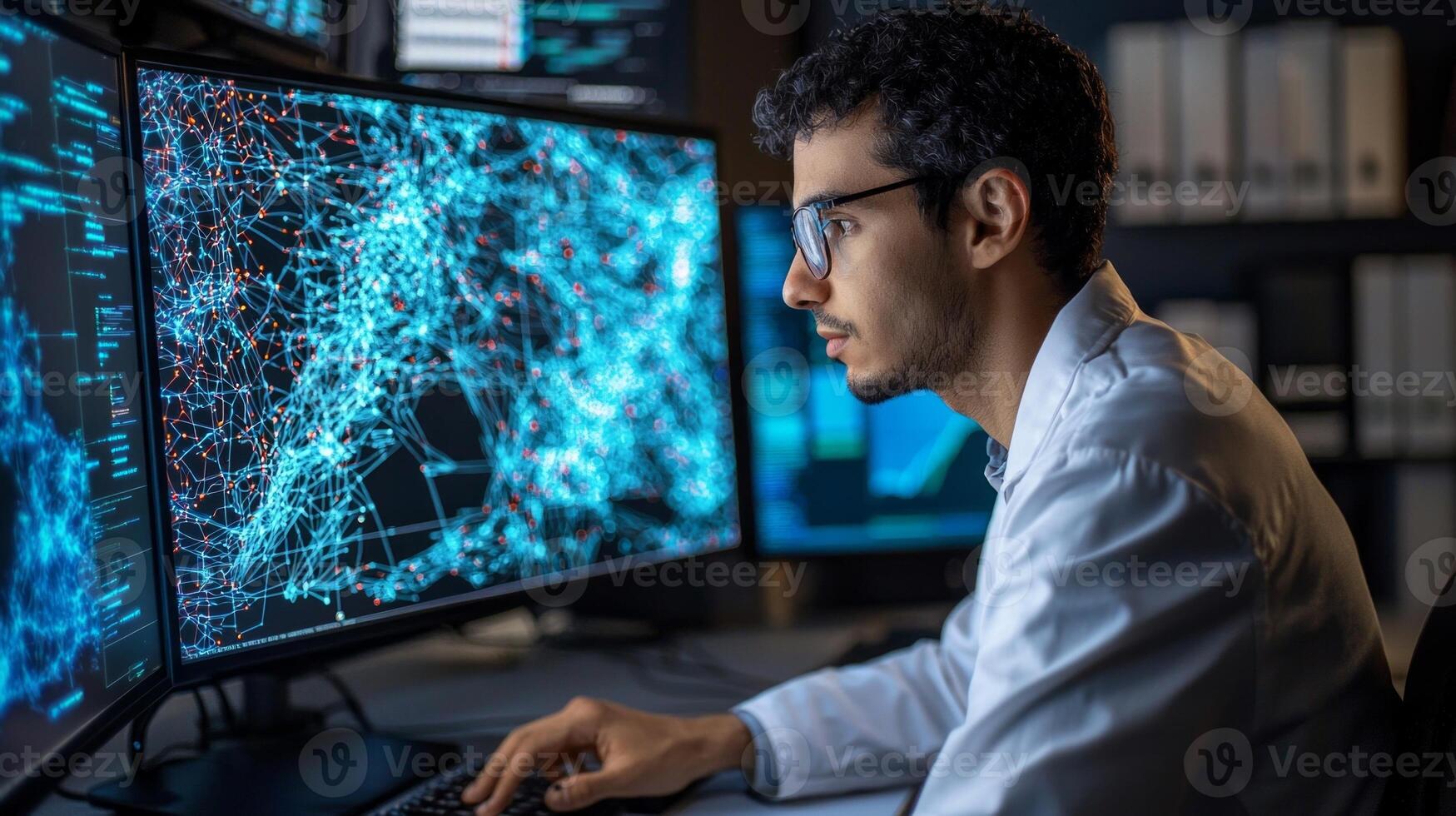 data scientist focuses intently on a holographic display showcasing complex algorithms and machine learning processes surrounded by advanced technology in a contemporary lab environment. photo