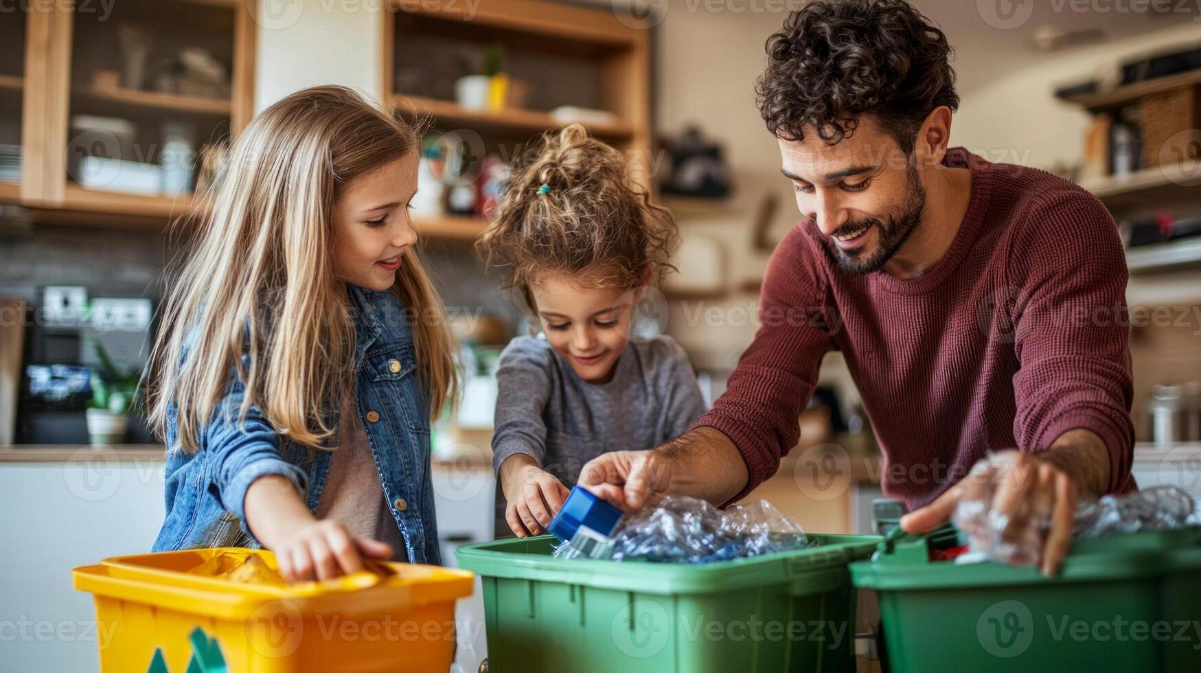 family is engaged in sorting recyclables into different bins at home teaching children the importance of recycling and teamwork in maintaining a clean environment. photo