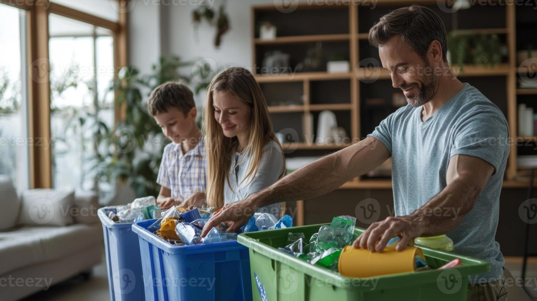 family sorts recyclables at home engaging in an educational activity while promoting eco friendly practices and sustainability together. photo
