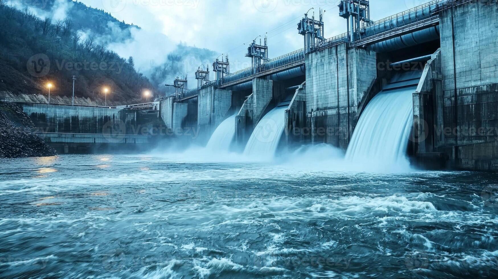 Water flows powerfully through turbines at a modern hydroelectric dam showcasing renewable energy production in a serene mountainous environment as evening approaches. photo
